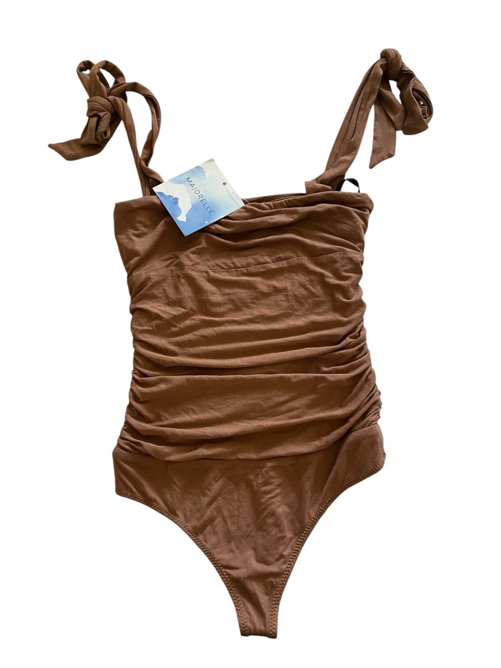 MAJORELLE Brown Ruched One-Piece Bodysuit with Tie Shoulder Straps